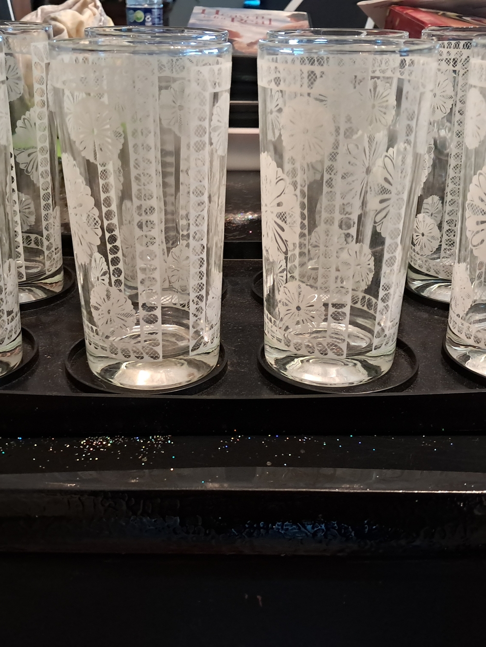 Vintage COLONY Floral Highball Glasses - Clear Glass (Set) Including Tray